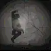 Sniper scope view of a person jumping in a black and white scene.
