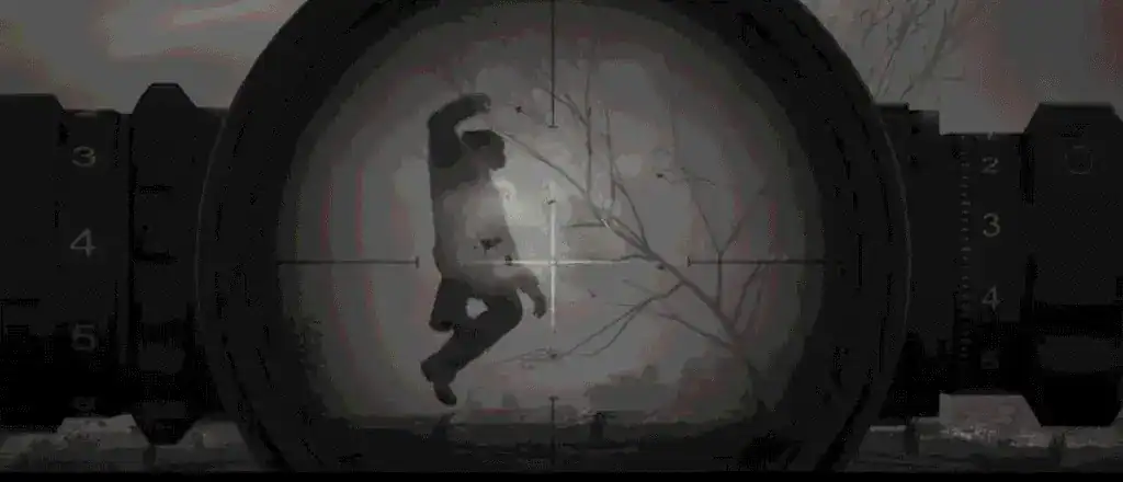 Sniper scope view of a person jumping in a black and white scene.
