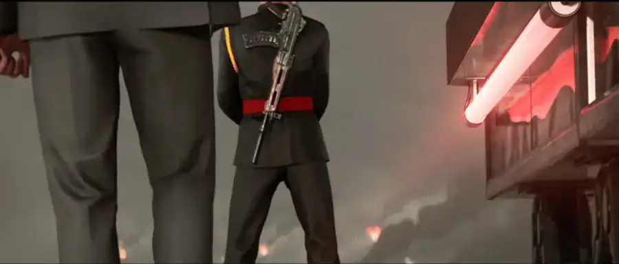 Agent in black suit with gun in a dramatic scene from HITMAN III.
